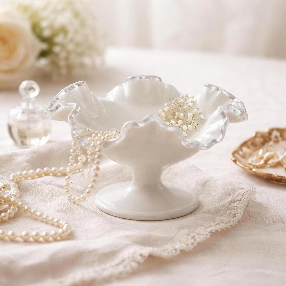 Fenton Silver Crest Milk Glass Pedestal Bowl 7"